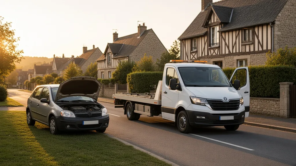 Dépannage dans un quartier résidentiel d’Alençon : dépanneuse plateau auprès d’une voiture en panne