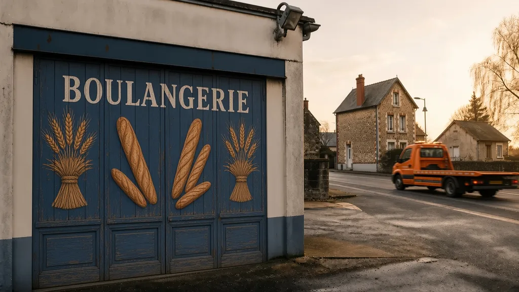 Carte guide dimanche : commerces fermés et dépanneuse passant dans un village ornais
