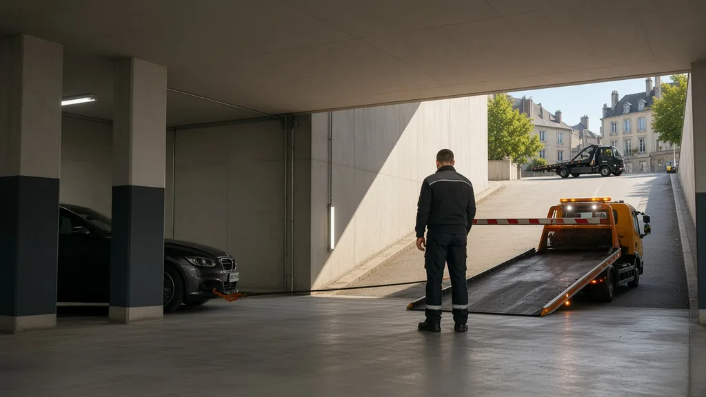 Carte guide sous-sol : entrée de parking bas et silhouette de dépanneuse à Alençon