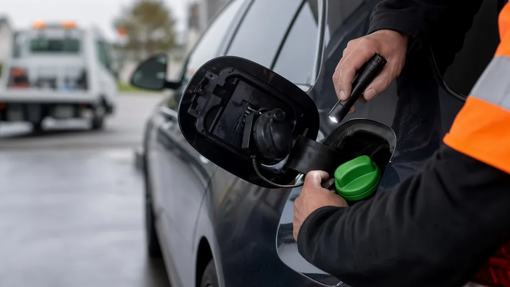 Carte service erreur carburant : bouchons de réservoir contrastés sur trappe de véhicule