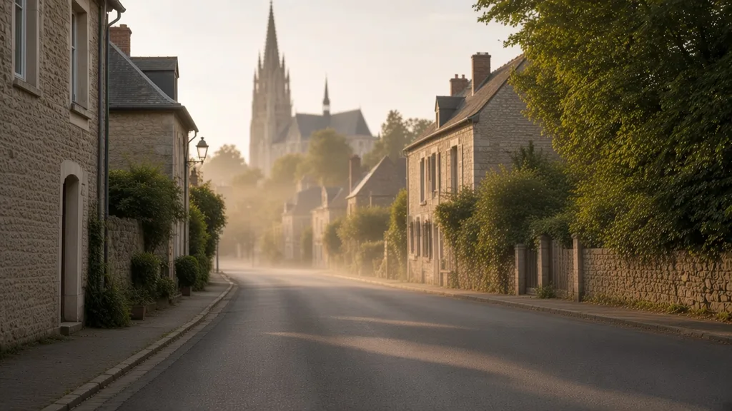 Carte zone Sées : route brumeuse vers la silhouette de la cathédrale
