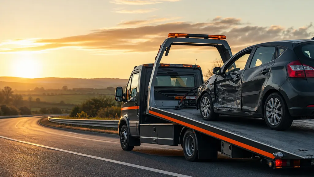 Dépanneuse plateau remorquant une voiture sur une route près d’Alençon au coucher du soleil