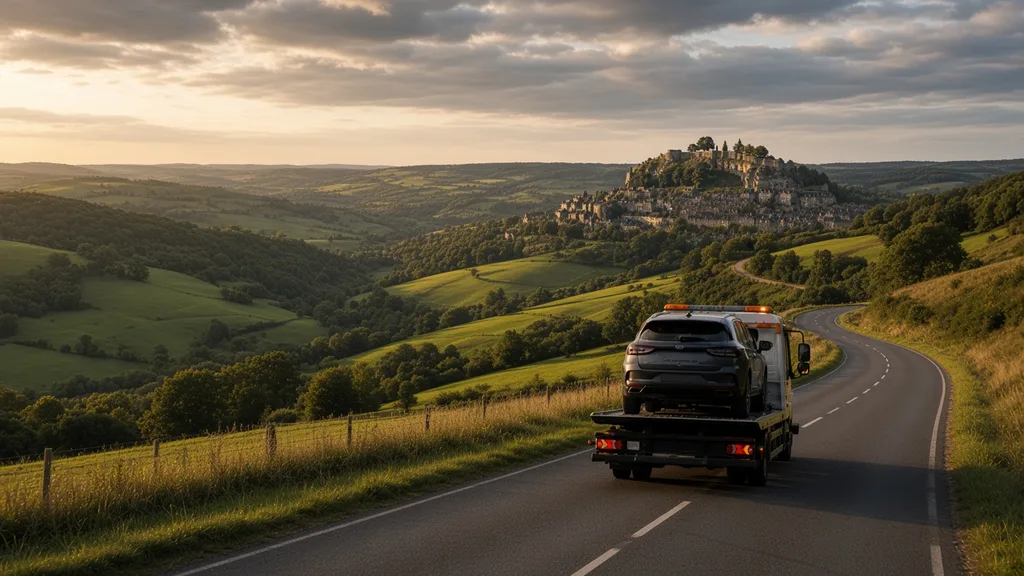 Dépannage Domfront sur route de collines : dépanneuse plateau face aux vallées du Passais