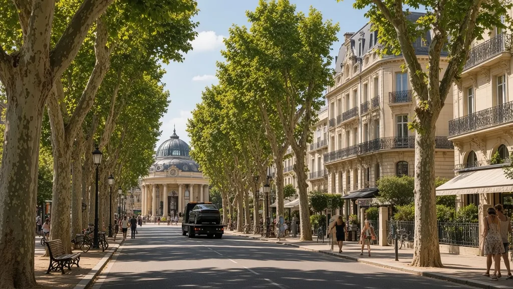 FAQ remorquage Bagnoles-de-l'Orne : avenue arborée de station et dépanneuse au loin