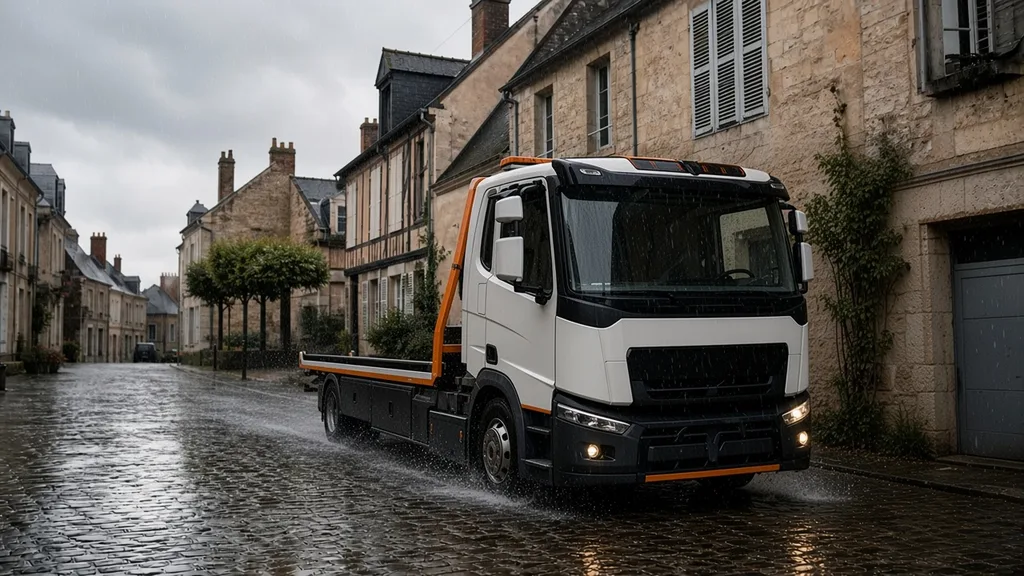 FAQ remorquage Mortagne-au-Perche : dépanneuse dans une rue pavée sous la pluie