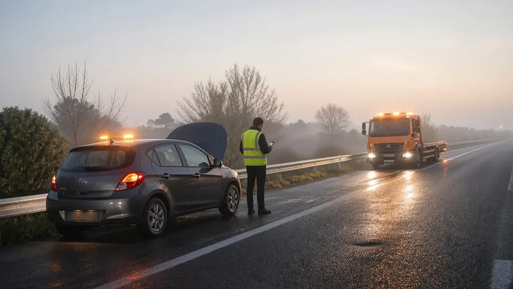 Automobiliste en sécurité en attendant la dépanneuse un dimanche sur une route ornaise