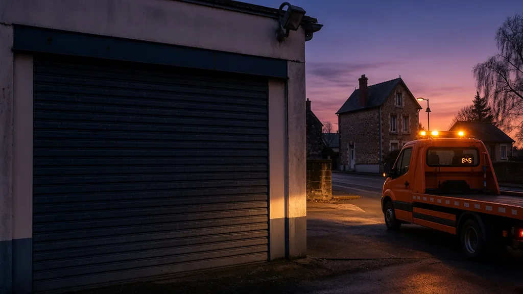 Intervention week-end : cabine de dépanneuse au crépuscule dans une rue ornaise calme