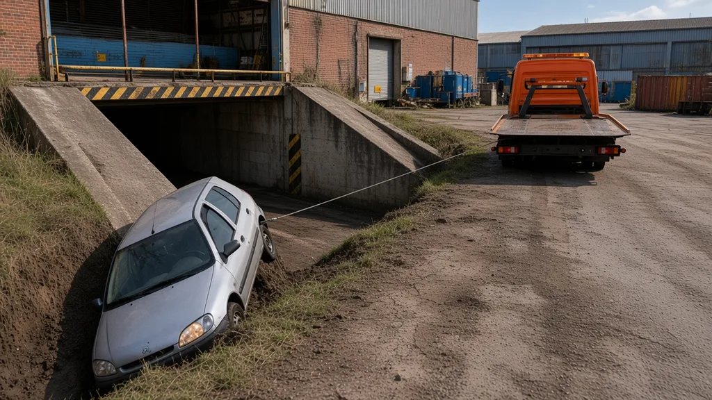 Dépanneuse plateau près d’un fossé et d’une rampe : services d’extrication distincts dans l’Orne