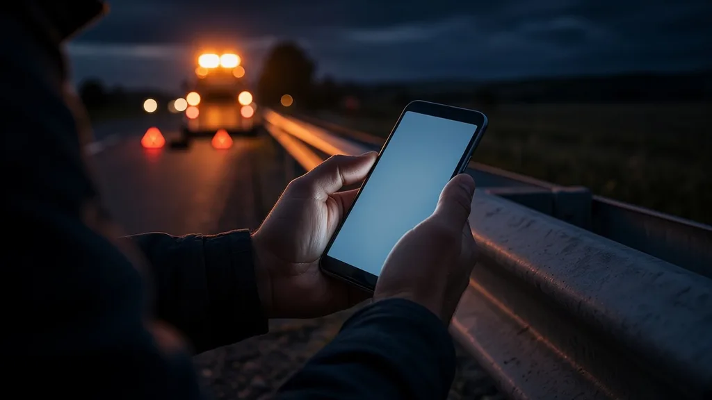 Appel téléphone depuis la bande d’arrêt pendant l’approche de la dépanneuse plateau