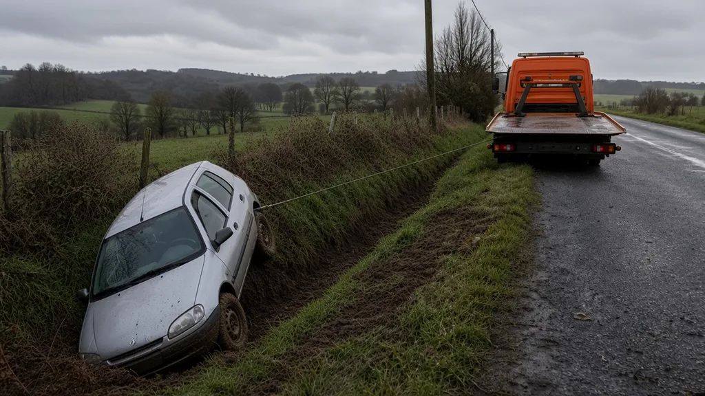 Extrication au treuil d’une voiture coincée dans un fossé de route départementale dans l’Orne