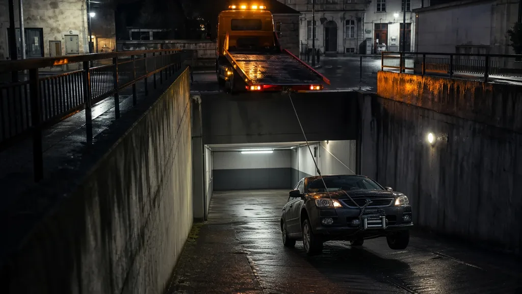Treuil de dépanneuse tirant une voiture sur la rampe d’un parking souterrain à Alençon
