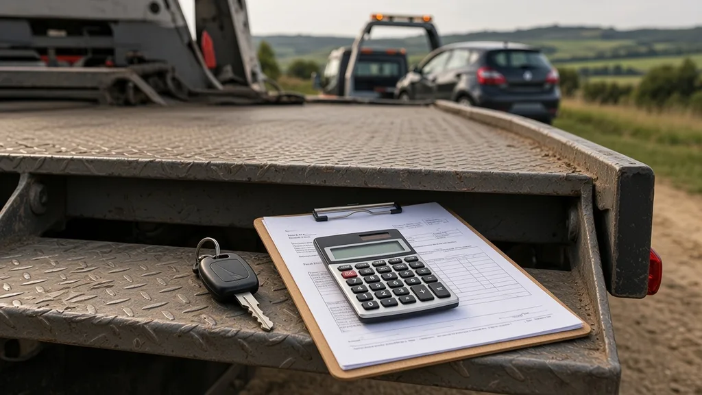 Devis de remorquage après sortie de sous-sol : carnet et clés près d’une dépanneuse à Alençon