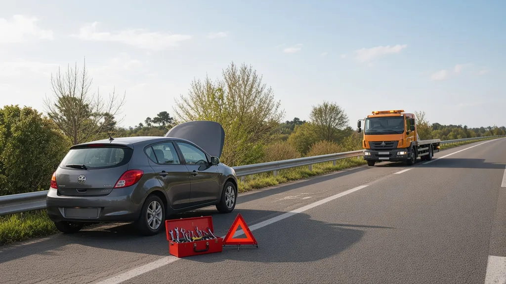 Triangle de signalisation et outils au bord d’une route ornaise, dépanneuse plateau en approche