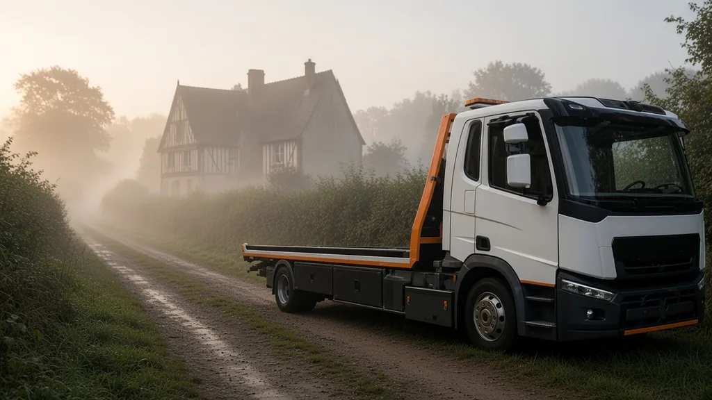 Dépannage rural près de Mortagne-au-Perche : dépanneuse plateau sur route de bocage du Perche