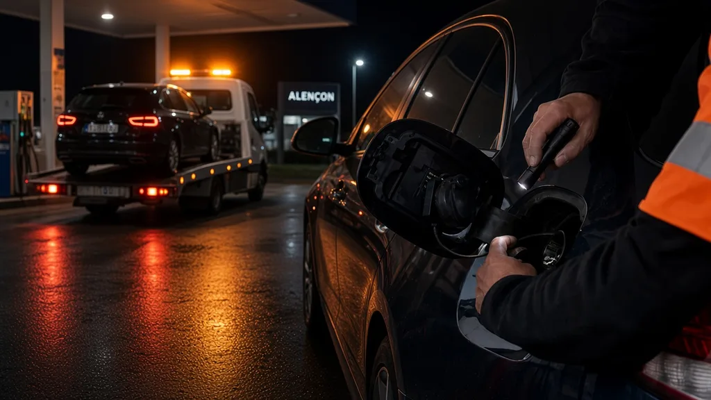 Erreur de carburant de nuit à Alençon : chargement du véhicule sur dépanneuse près d’une station fermée