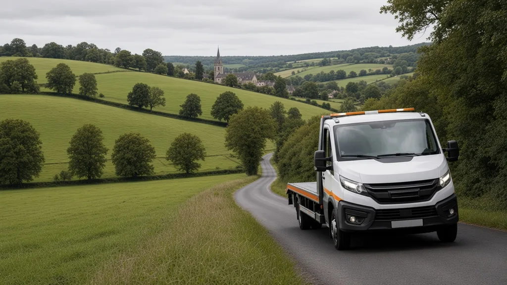 Dépanneuse plateau sur route de bocage ornais pour couverture remorquage dans tout le département 61